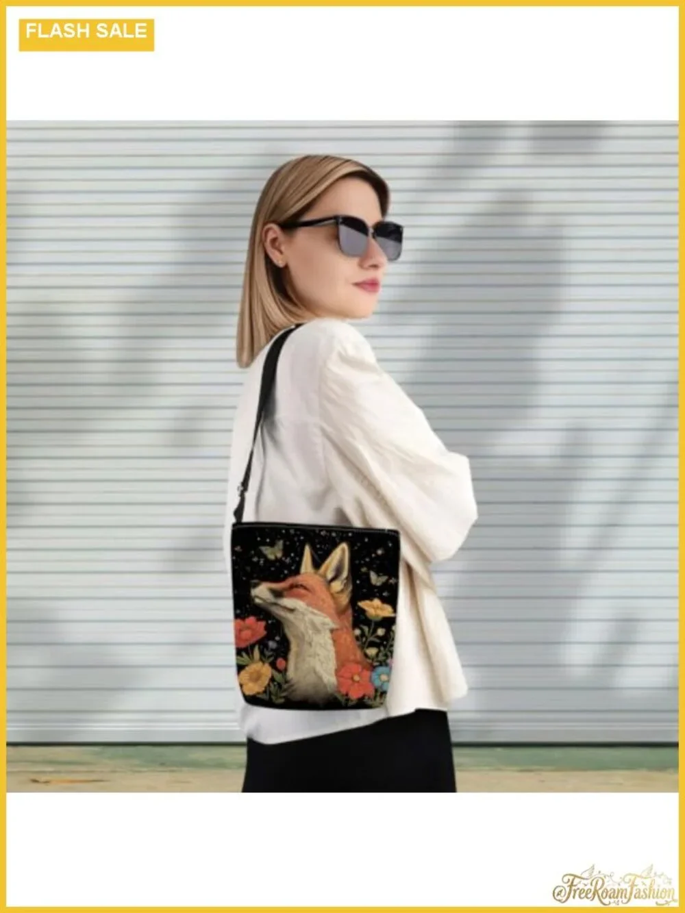 Floral Fox Crossbody Bag Messenger Purse Canvas Polyester Adjustable Strap
